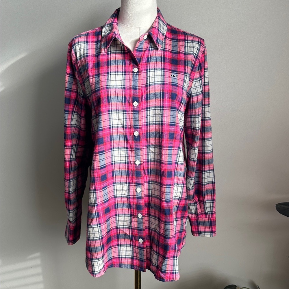 Vineyard Vines Women M Pink Blue Plaid Check Preppy Flannel Shirt Gorp Granola